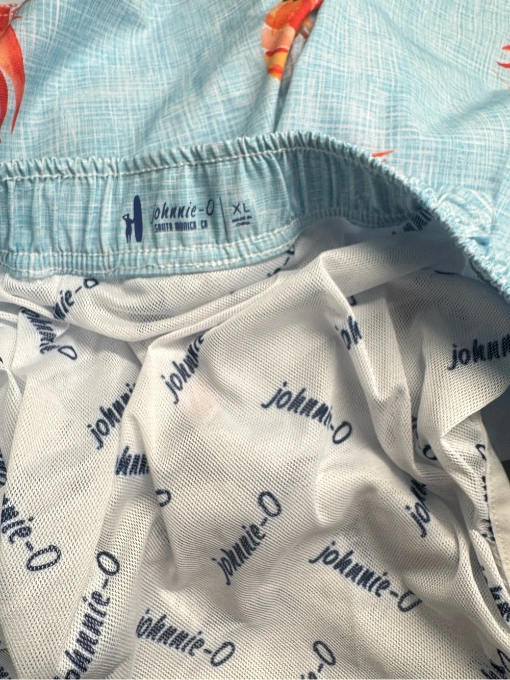 Johnnie-O Crayfish Print Swim Trunks Light Blue Drawstring Board Shorts XL